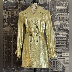 Metallic Gold Snake-Embossed Leather Belted Trench Jacket